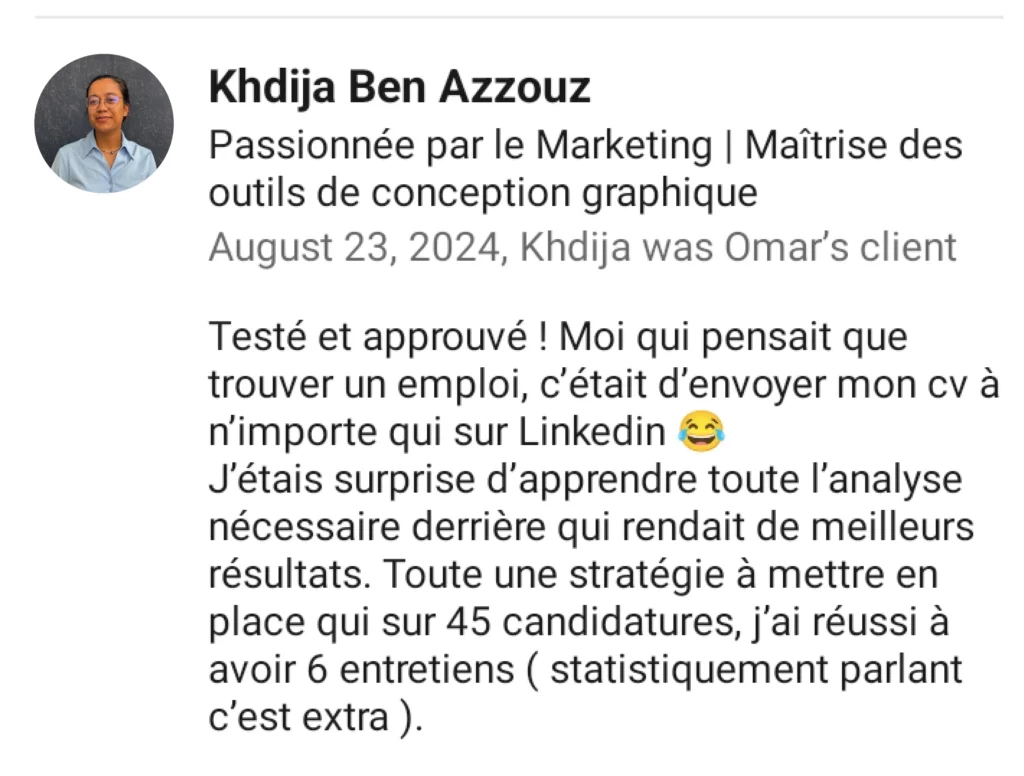 Avis client Khdija Ben Azzouz - Top Candidat